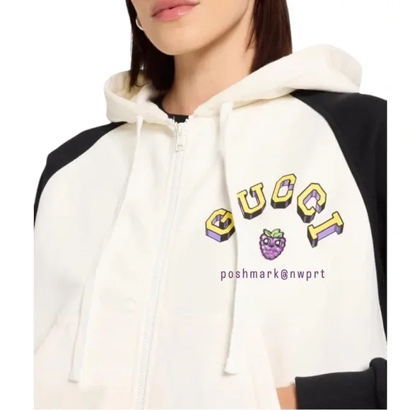 GUCCI 🍇 Hoodie Graphic Jacket Black Off White Zip Up Sweatshirt Logo S Small - Picture 2 of 15